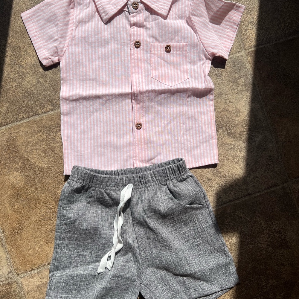 12-18month Pink Striped Shirt and Gray Shorts Set